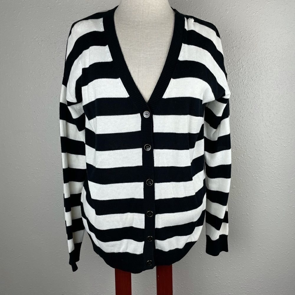Chaus Black and White Striped Button Down Cardigan Sweater Size S EUC